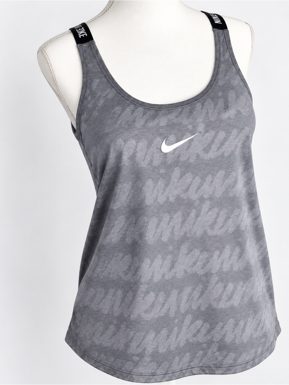 Nike Gray Script-Print Athletic Tank with Black Branded Straps